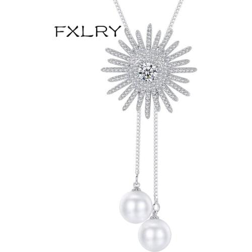 FXLRY New Design Romantic Fashion Women White Color Cubic Zircon Sunflower Pearl Sweater Chain Necklace Jewelry