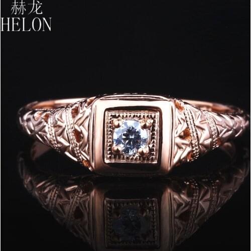 HELON Moissanite Ring Solid 14K Rose Gold Round 0.10CT VVS/F-G Test Positive Lab Grown Moissanite Diamond Engagement Ring Women