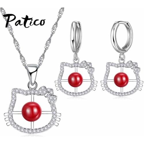 Cat Shape 925 Sterling Silver With Red Stone Halloween Surprise Birthday Present Necklace&Earrings Set For Women