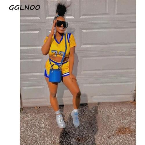 GGLNOO 2021 Summe Two Piece Set Women Sexy Print Short Sleeve T-shirt+biker Shorts Matching Sets Tracksuit Sweatwear Streetwear