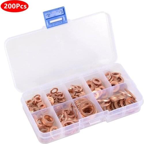 200Pcs Copper Washer Gasket Nut and Bolt Set Flat Ring Seal Assortment Kit with Box M5/M6/M6/M8/M10/M12/M14 for Car Sump Plugs
