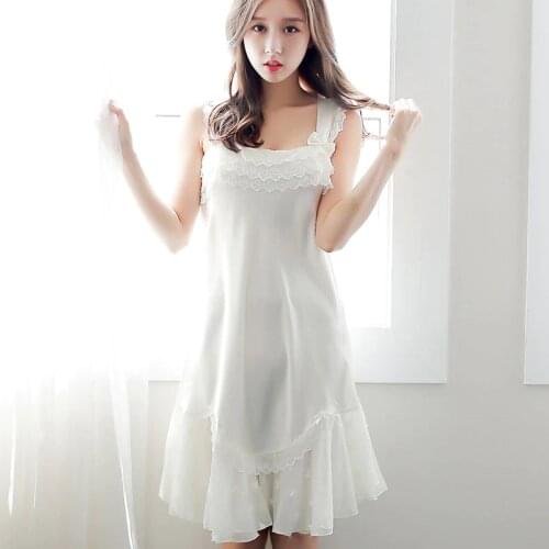 Yomrzl A418 New arrival summer womens nightgown white cute sleepwear sweet sleeveless lace sleep dress indoor clothes
