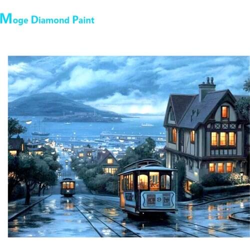 Night View of Harbor City Tram Diamond Painting Round Full Drill Nouveaute DIY Mosaic Embroidery 5D Cross Stitch Scenic Pattern