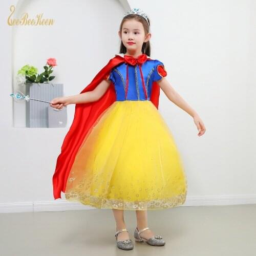 Halloween New Snow White Dress Princess Dress with Long Cloak Kids Tutu Skirt Hot Gold Flower Dress Cosplay Costume For Girls