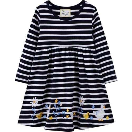 2021 Duck Print Stripes New Arrival Long Sleeve Autumn Spring Princess Girls Dresses Cotton Animals Cotton Childrens Costume