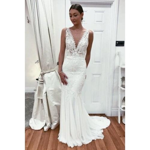 Mermaid Wedding Dress for Bride Chiffon Appliques V Neck Wedding Bridal Gowns Sleeveless Robe De Soirée De Mariage