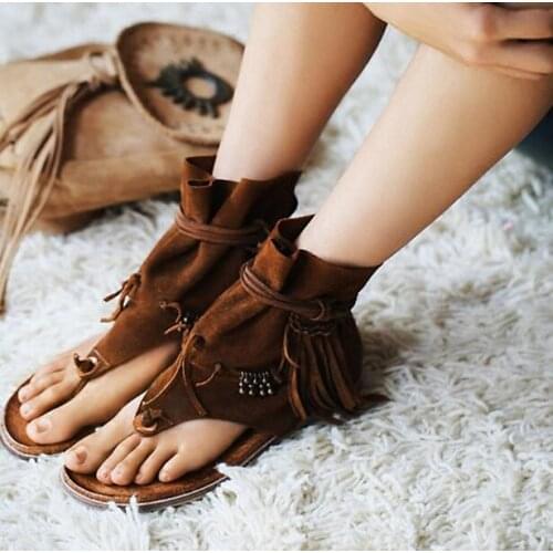 Summer Hot Brown Suede Leather Women Clip Toe Sandals Beading Fringe Ladies Lace Up Flat Sandals Roma Style Female Casual Shoes