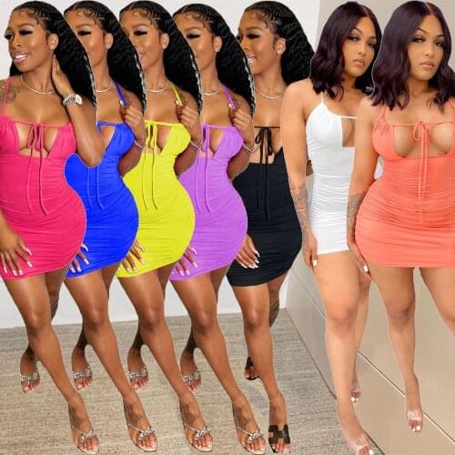 Sexy Hollow Out Lace Up Ruched Mini Summer Dress 2021 Casual Backless Sling Cross Bodycon Club Party Dress Vacation Clothing