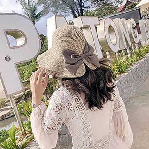 Womens Summer Sunscreen Big Hat Vacation Sunshade Beach Hat Big Brim Bucket Hat Bow Summer Hats For Women Bone Feminino