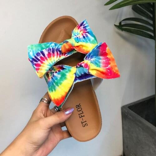 Fashion Outside Butterfly-knot Cork Slippers Female New Summer Casual Flat Soled Sandals Rainbow Multi-color Womens Slides