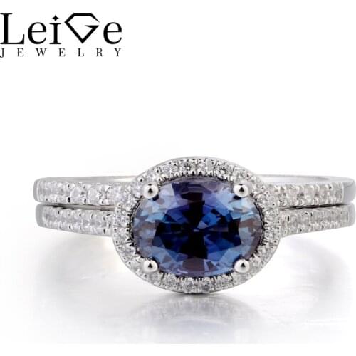Leige Jewelry Bridal Sets Alexandrite Ring Alexandrite Wedding Ring June Birthstone Oval Cut Gemstone Solid 925 Sterling Silver