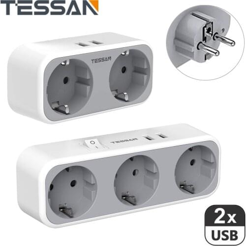 TESSAN EU USB Socket Adapter with 2/3 AC Outlets & 2 USB Charging Ports, with Multiple Protections, for Smartphone, Tablet, MP3
