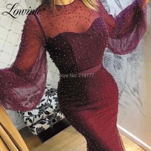 Illusion Pearls Beaded Arabic Evening Dress Dubai Design Puffy Sleeves Mermaid Party Dress Robe De Doiree 2019 Prom Gown Formal