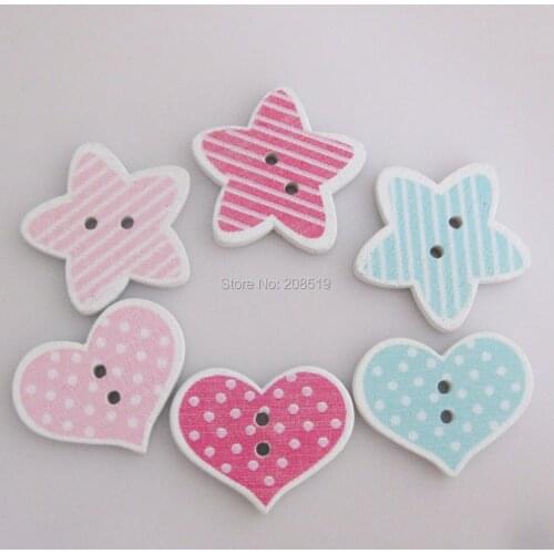 WBNSNO 1" star and Heart decorative wood buttons printed 100pcs 25mm baby clothes buttons sewing craft supplies