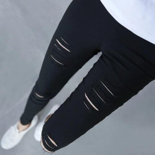 Women New Fashion Elastic Destroyed Holes Leggings Women Knee Hole Skinny High Waist Leggings Plus Size Pantalones De Mujer