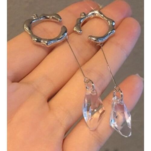 Origin Summer Fashion Transparent Geometric Crystal Clip Earring for Women Trendy Long Tassel Waterdrop Metal Earring Jewelry