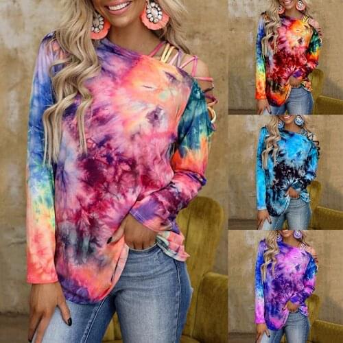 Tops Women 2021 Spring And Summer Tie-dye Printed Long-Sleeved Tees Off-The-Shoulder Sexy Casual Loose T-Shirt One Piece Blouse