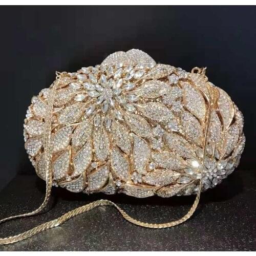 Lady 100% Handmade Gold Color Diamond Clutches Bags For Women Party Purse Bag For Wedding Lady Chain Handbags Dinner Prom Clutch