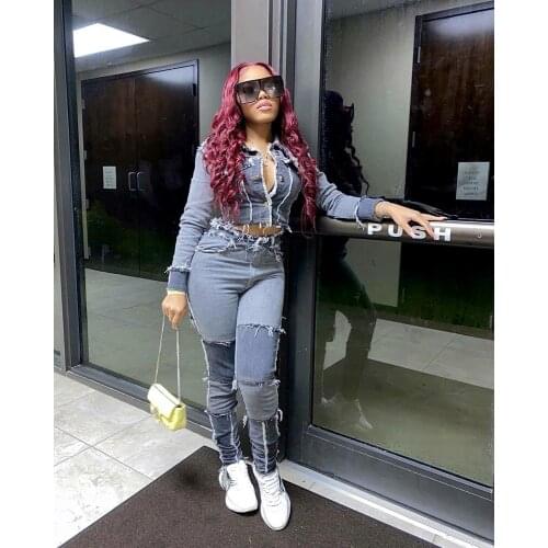 Womens Jackets Long Sleeve Top Jeans Pants Suit Sexy High Waisted Skinny Horn Denim Patchwork Tracksuit 2- Piece Matching Set