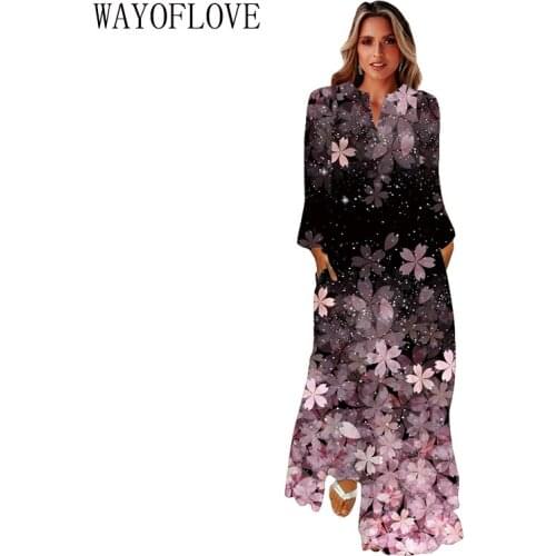 WAYOFLOVE Autumn Winter Flower Print Dress Women 2021 Elegant Casual Long Sleeve Long Dresses Woman Party Loose Maxi Dress Women