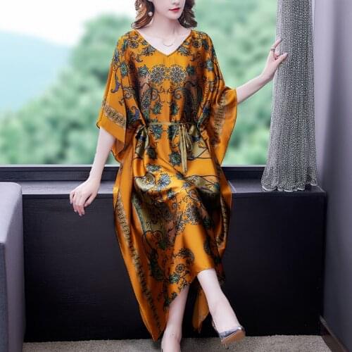 2021 Women Casual Vintage 4XL Plus Size Chiffon Dress Summer Loose Print Mulberry Silk Midi Dress Elegant Bodycon Party Vestidos