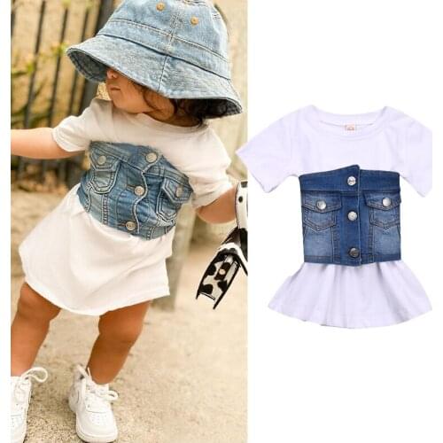 1-6Years Fashion Toddler Kids Girls Clothes Short Sleeve Long T-shirts Straight Dress+Denim Button Vest Girls Summer Outfits
