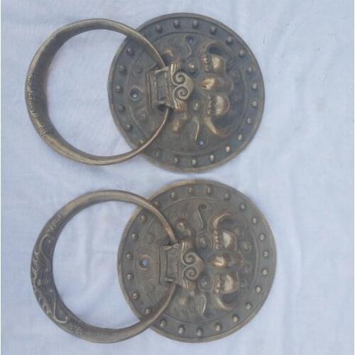Home door decoration accessories,Collection 1 Pair Chinese Old Bronze faucet Door bell,Antique style Metal Knocker