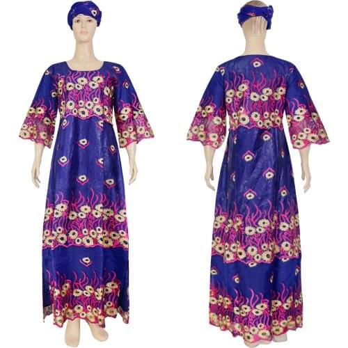Bazin Riche Fashion 2021 New African Long Dresses Lace Sleeve Floral Embroidery Dashiki Dress Nigerian Head Wrap Party Clothing