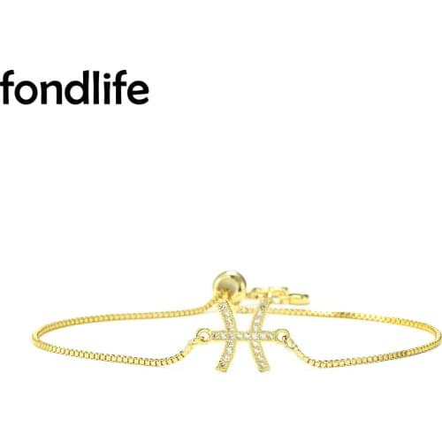 Shiny AAA Cubic Zirconia Crystal Pisces Charm Bracelet Women Girl Trendy Gold-Plated Copper Chain CZ Constellation Sign Jewelry