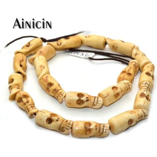 New Design Yellow Color Genuine Ox Bone 9x22mm Lone Shape Carved Skull Beads Fashion Jewelry Making Findings 44pcs (2 Strands)