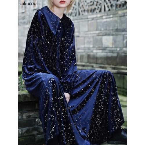 Cakucool Party long skirt elegant retro fantasy starry sky velvet loose dress dress 2020 fashion clothes woman sequin dress
