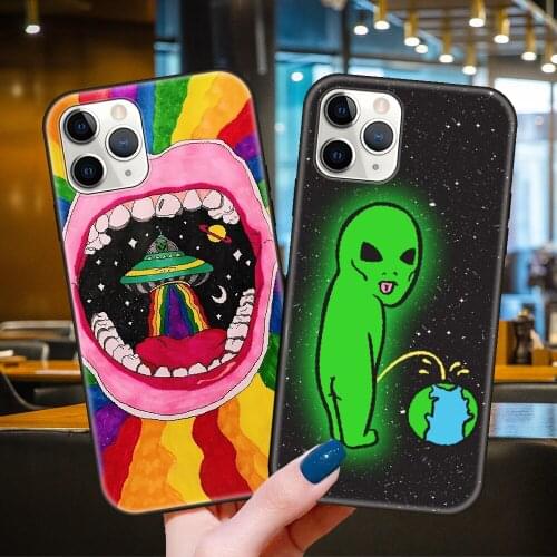 Phone Case For Apple IPhone 12 Mini 11 Pro XS MAX XR X 8 7 6 Plus 2020 Black Cover Hoesjes Luxury Aesthetics Cartoon alien