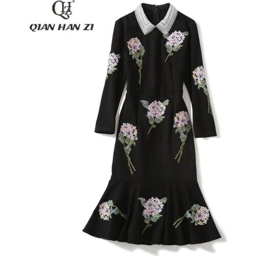 Qian Han Zi New Designer Fashion Women Dress Lapel Long Sleeve Crystal Flower Embroidered Slim Mermaid Party Dress