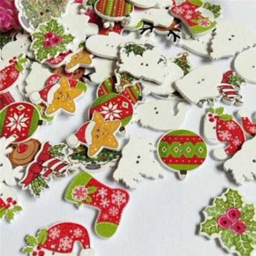 50pcs Natural Print Wooden Christmas Buttons Snowflake Tree Sock Sewing Buttons Scrapbook DIY Craft Wooden Buttons