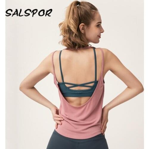 SALSPOR Fitness T Shirts Women Sleeveless Backless Bodybuilding T Shirt Running Female Gym Clothing Summer Vest Loose