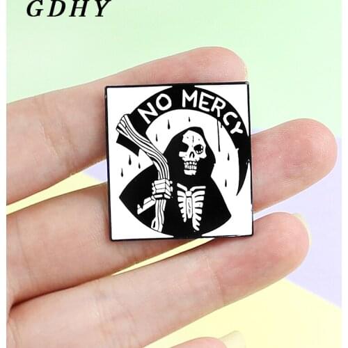 GDHY Gothic NO MERCY Death Sickle Brooch Black Hell God Devil Skeleton Skull Sickle Pin Badge Lapel Pin Halloween Jewelry