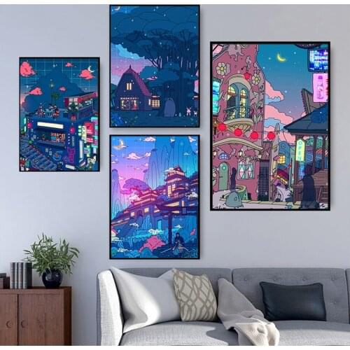 Canvas Wall Art HD Cartoon Japanese Night View Street Print Poster Picture Lovely Painting for Bedroom Dormitory Home Decoration