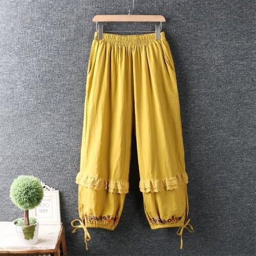 Summer Women Japan Style Cotton and linen Embroidery Harem Pants Lace Embroidered Casual Bloomers