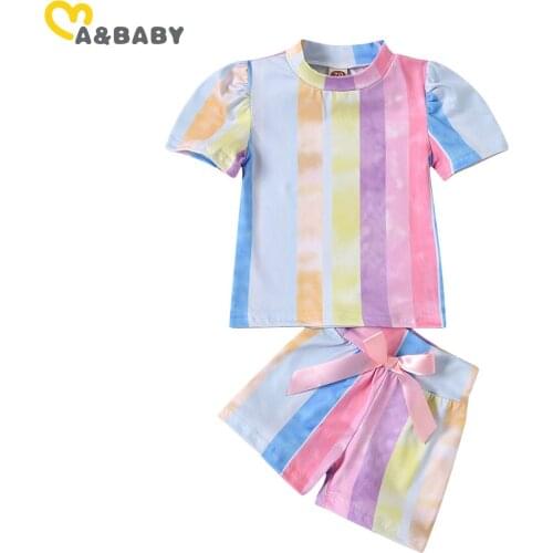 Ma&Baby 0-24M Summer Toddler Newborn Baby Girls Striped Clothes Set Rainbow T shirt Bow Shorts Outfits Costumes