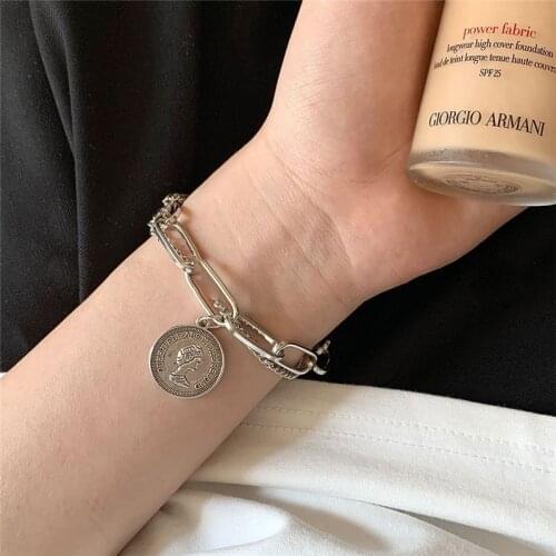 Punk Hip Hop Coin Bracelet Retro Multilayer Chain Geometric Bead Portrait Coin Pendant Bracelet Fashion Women Jewelry