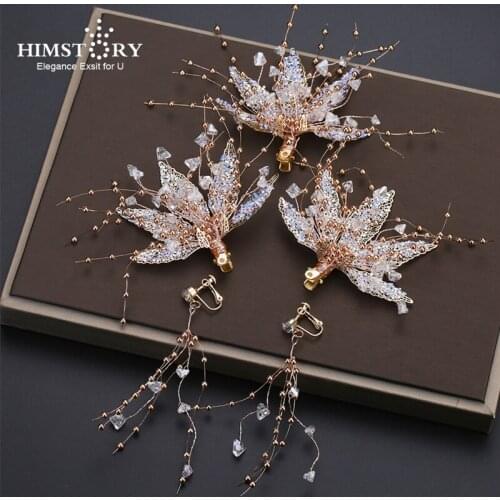 HIMSTORY Newest Handmade Beaded Wedding Hair Hairpins Clips Rose Gold Leaf Bridal Hair Jewelry Accessories