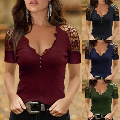 Sexy Women Summer Solid Color T Shirts Lace Patchwork Butoon Ladies V Neck Short Sleeve Slim Pullovers Top