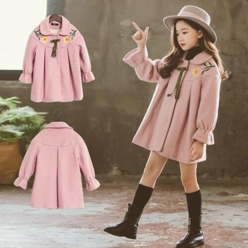 Teenager Girls Wool Blends Jacket Floral Embroidery Winter Thick Warm Coat Kids Outfit Long Outerwear for Girls 4 5 7 8 9 10 14Y