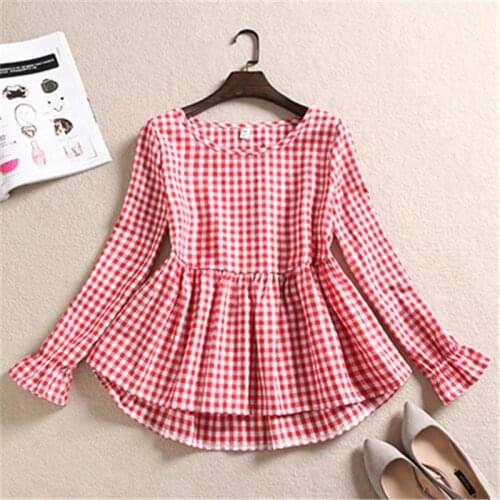 Spring Autumn Women Cotton Linen Blouse Casual Loose Ruffles Plaid Blouses Female Long Sleeve Shirts Bottom Blusas Tops AB1606
