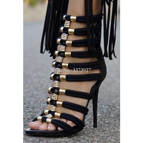 Women New Black Ropes Sandals Sexy Hollow Out Metal Decor Stiletto Heel Peep Toe Dress Sandals Lady Popular Banquet High Heels