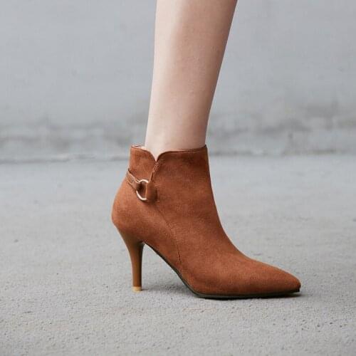 YMECHIC Womens Stiletto Sexy Heels Flock Black Brown Beige High Heeled Ankle Boots Woman Footwear Ladies Shoes Plus Sizes Autumn