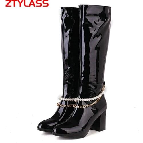 Women Patent Leather Knee High Boots Square High Heel Candy Colors Womens Boots Fashion String Bead Ladies Autumn Winter Shoes