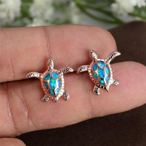Blue Fire Opal Stone Stud Earrings Female Cute Small Sea Turtle Earrings Vintage Black Rose Gold Silver Color Earrings For Women