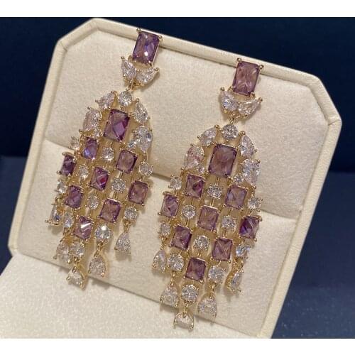 High Quality Luxurious Fashion Cubic Zircon Purple Crystal Earring Long Retro Tassel Water Drop Womens Accessories Jewelry