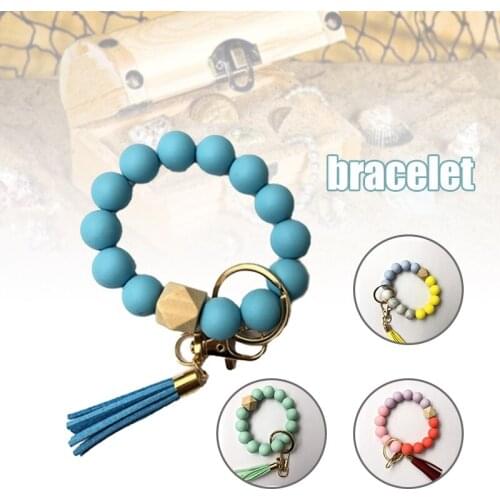 Silicone Key Ring Bracelet with Tassel Keychains Beaded Bangle with Faux Leather Tassel for Women Ladies BH